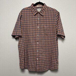 L.L. Bean Orange Navy Men's L Cotton Seersucker‎ Shirt Short Sleeve Plaid